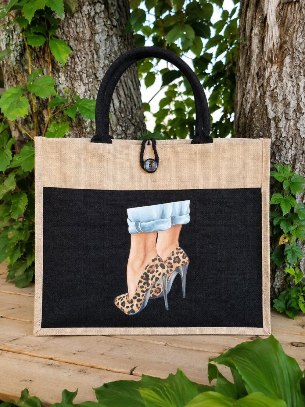 Leopard Heels & Cuffed Jeans Fashion Tote | Jute Canvas